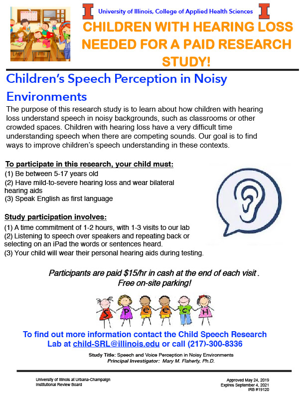 text reading Children with hearing loss needed for a paid research study